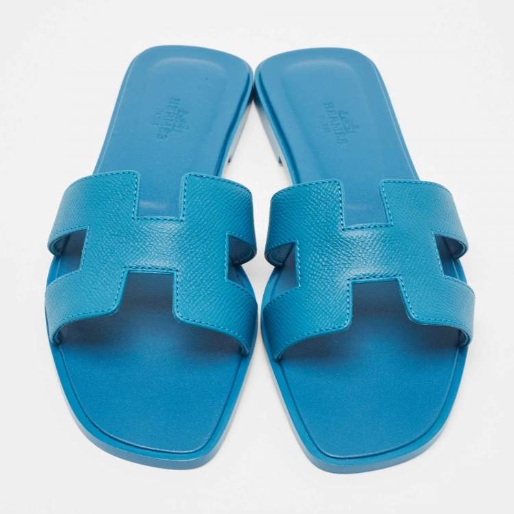 Pre Owned Hermes Blue Leather Oran Flat Slides Size 38
