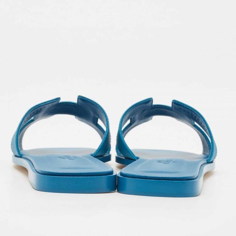 Pre Owned Hermes Blue Leather Oran Flat Slides Size 38