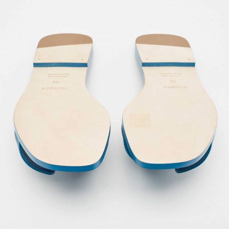 Pre Owned Hermes Blue Leather Oran Flat Slides Size 38