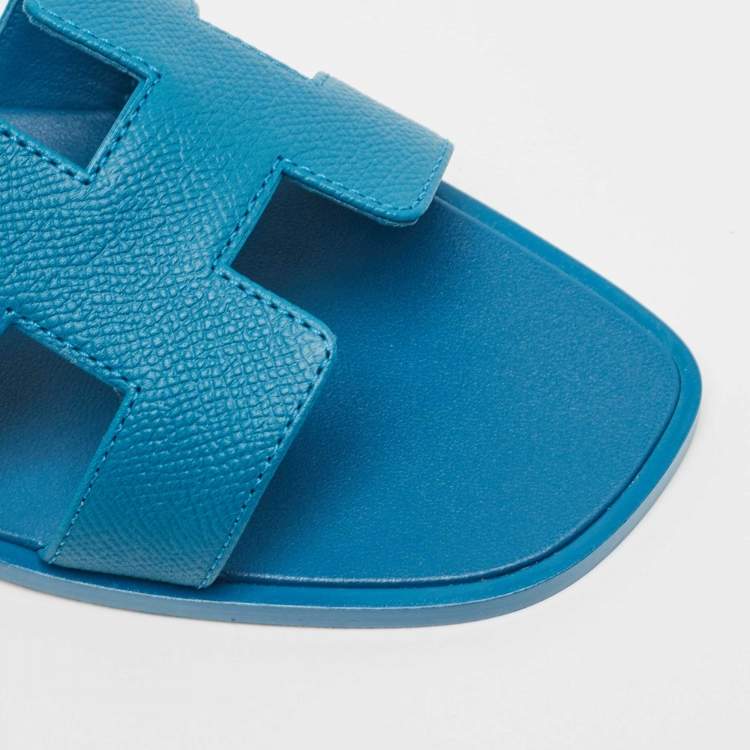Pre Owned Hermes Blue Leather Oran Flat Slides Size 38