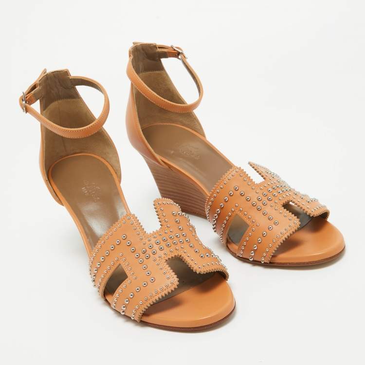 Pre Owned Hermes Tan Studded Leather Legend Wedge Sandals Size 40