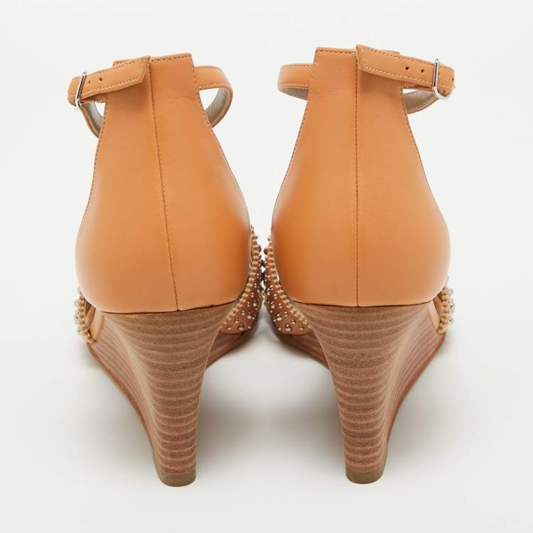 Pre Owned Hermes Tan Studded Leather Legend Wedge Sandals Size 40