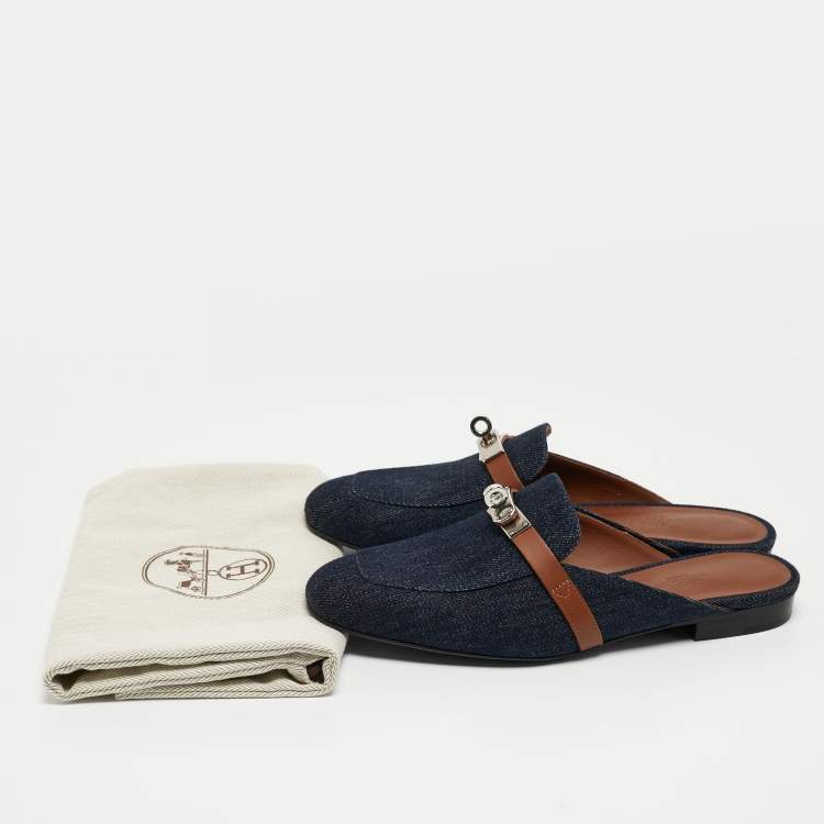 Pre Owned Hermes Navy Blue/Tan Denim and Leather Oz Flat Mules Size 37