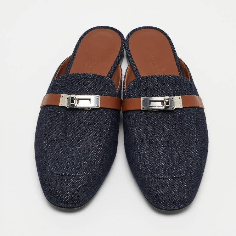 Pre Owned Hermes Navy Blue/Tan Denim and Leather Oz Flat Mules Size 37