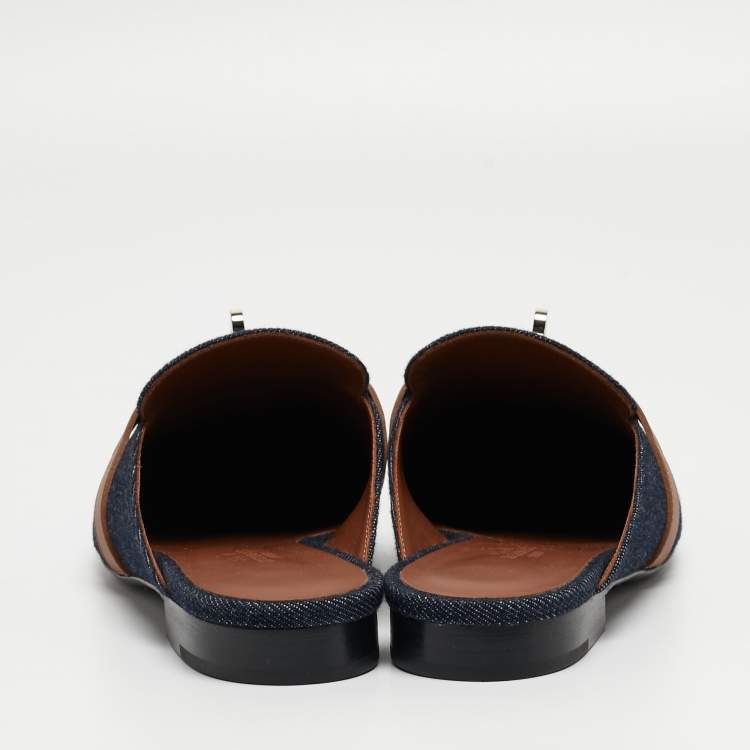 Pre Owned Hermes Navy Blue/Tan Denim and Leather Oz Flat Mules Size 37
