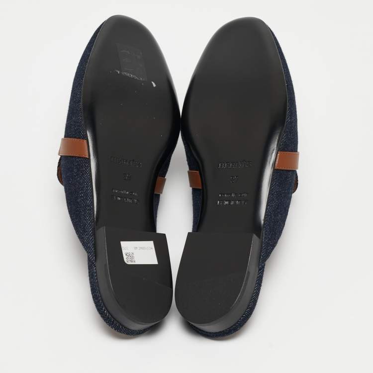 Pre Owned Hermes Navy Blue/Tan Denim and Leather Oz Flat Mules Size 37