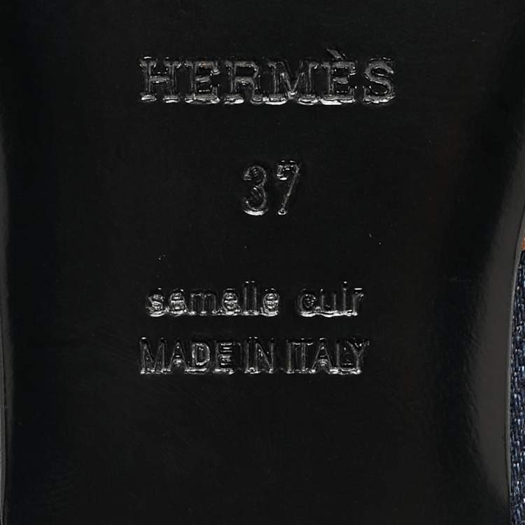 Pre Owned Hermes Navy Blue/Tan Denim and Leather Oz Flat Mules Size 37