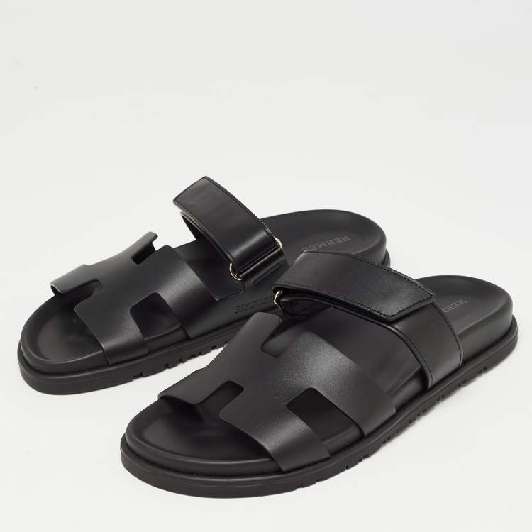 Pre Owned Hermes Black Leather Chypre Sandals Size 39.5