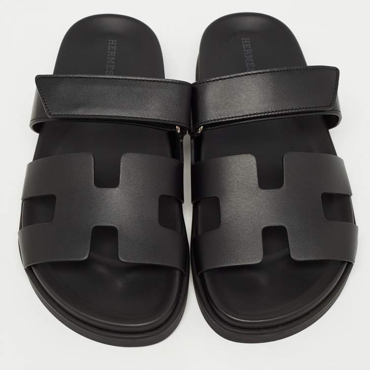 Pre Owned Hermes Black Leather Chypre Sandals Size 39.5