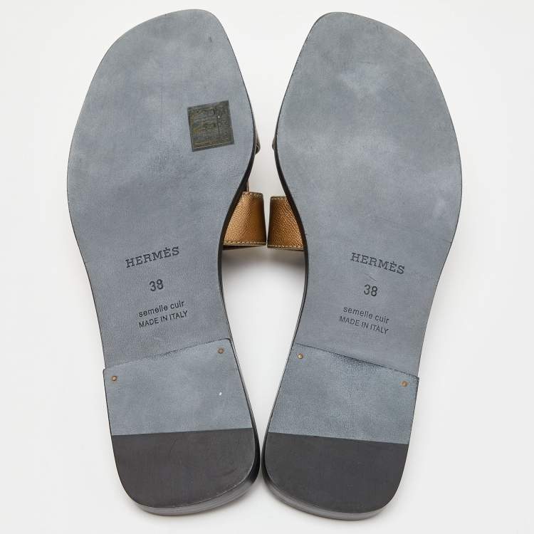 Pre Owned Hermès Gold Leather Oran Flat Slides Size 38