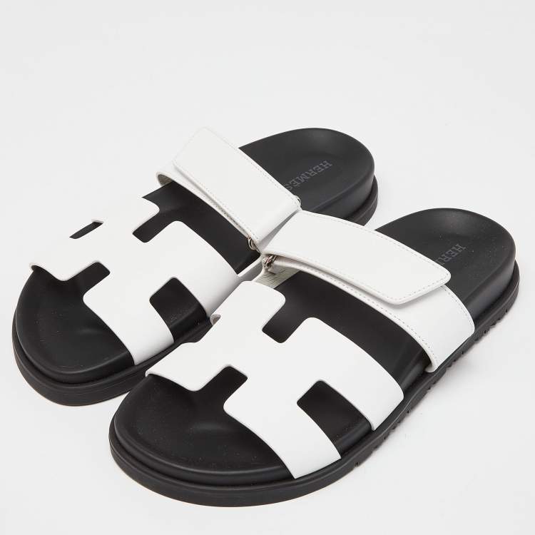 Pre Owned Hermes White/Black Leather Chypre Sandals Size 36