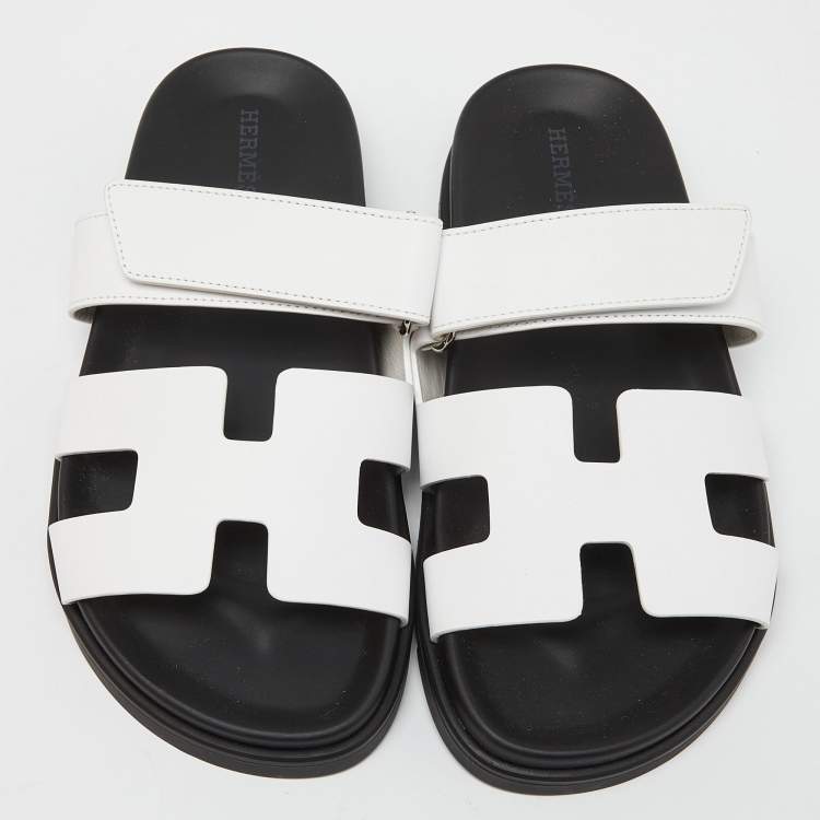 Pre Owned Hermes White/Black Leather Chypre Sandals Size 36