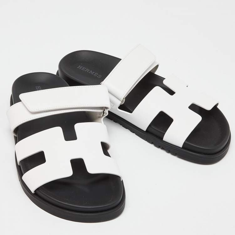 Pre Owned Hermes White/Black Leather Chypre Sandals Size 36