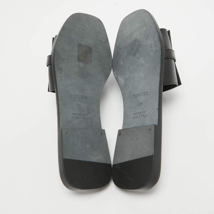 Pre Owned Hermes Black Leather Gabriel Flat Slides Size 38