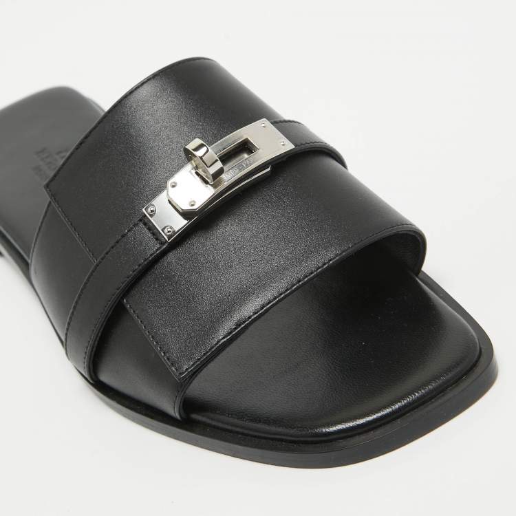 Pre Owned Hermes Black Leather Gabriel Flat Slides Size 38