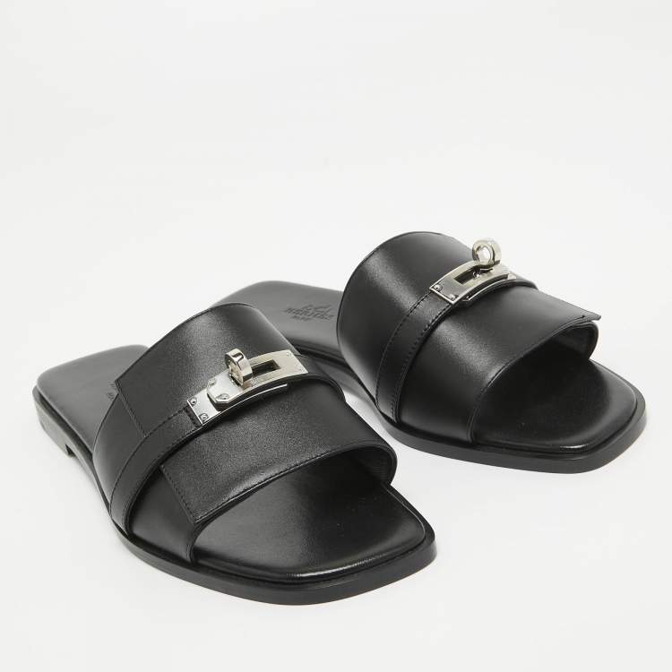 Pre Owned Hermes Black Leather Gabriel Flat Slides Size 38