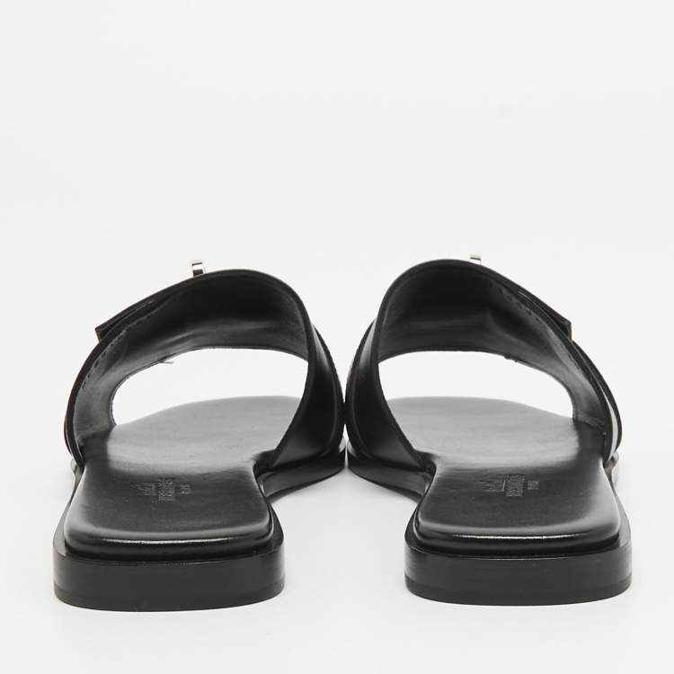 Pre Owned Hermes Black Leather Gabriel Flat Slides Size 38
