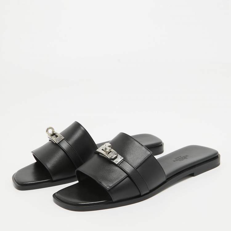 Pre Owned Hermes Black Leather Gabriel Flat Slides Size 38