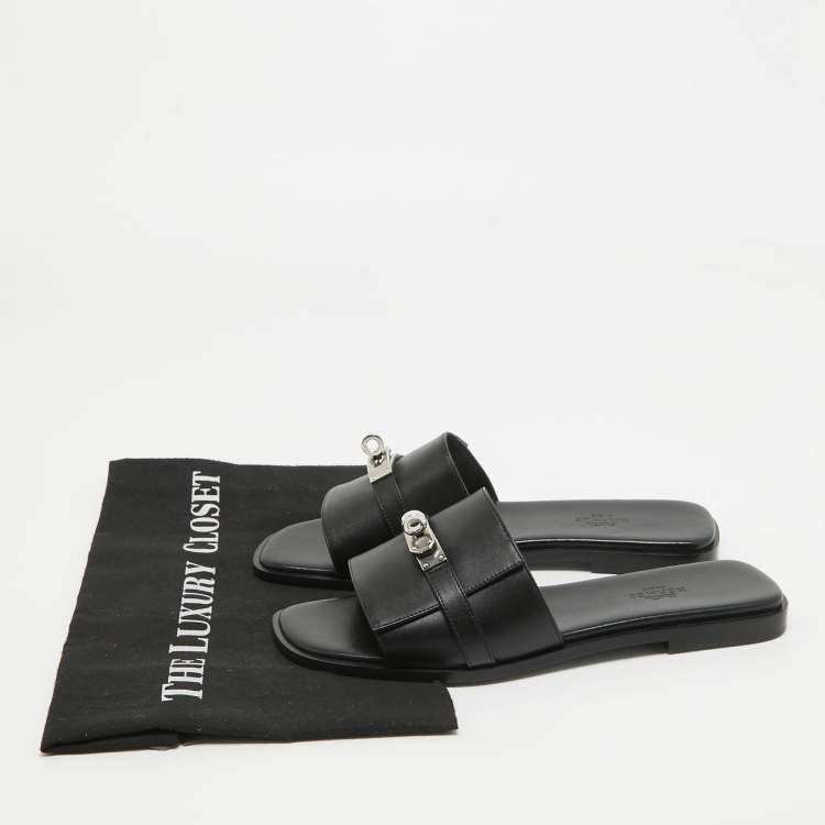 Pre Owned Hermes Black Leather Gabriel Flat Slides Size 38