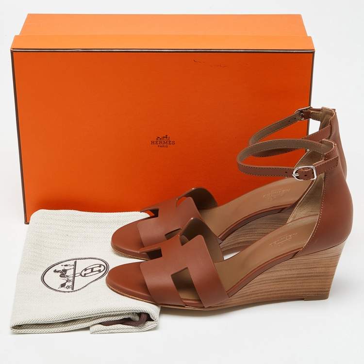 Pre Owned Hermes Brown Leather Legend Wedge Sandals Size 38