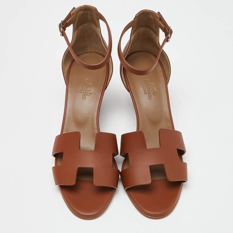 Pre Owned Hermes Brown Leather Legend Wedge Sandals Size 38