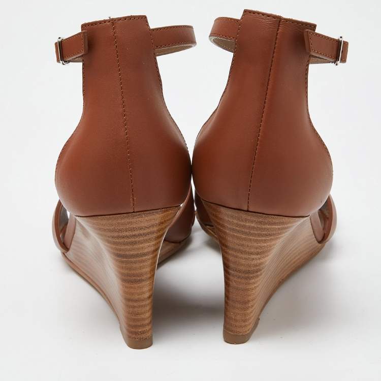 Pre Owned Hermes Brown Leather Legend Wedge Sandals Size 38