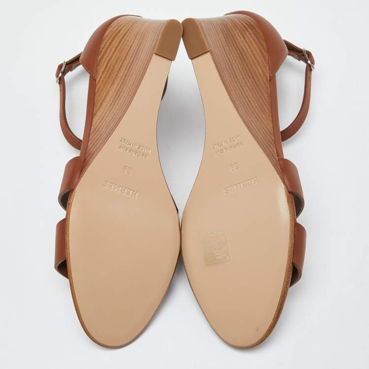 Pre Owned Hermes Brown Leather Legend Wedge Sandals Size 38
