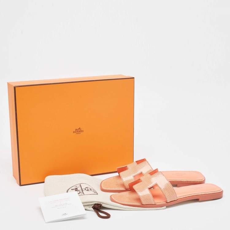 Pre Owned Hermès Peach Pink Lizard Oran Flat Slides Size 38