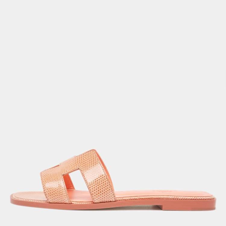 Pre Owned Hermès Peach Pink Lizard Oran Flat Slides Size 38