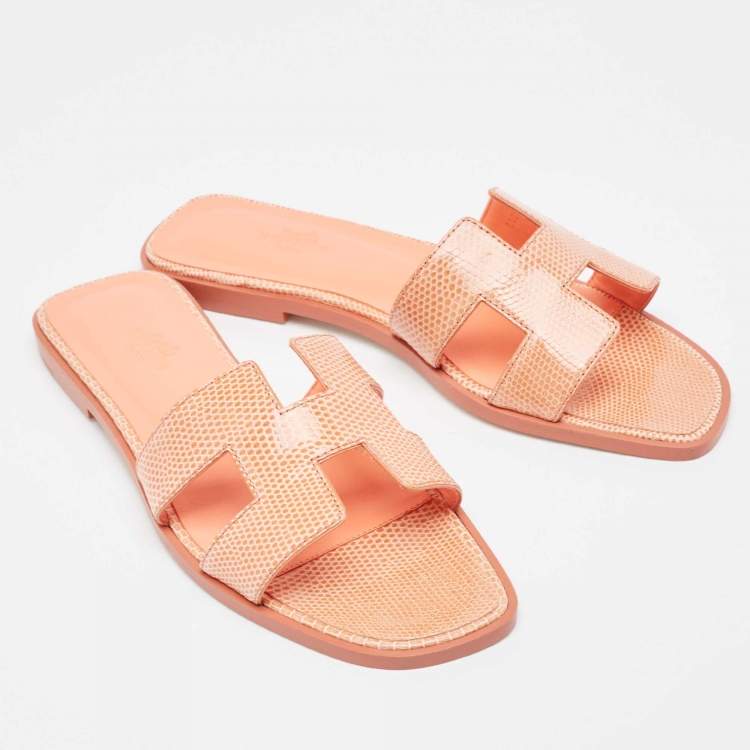 Pre Owned Hermès Peach Pink Lizard Oran Flat Slides Size 38