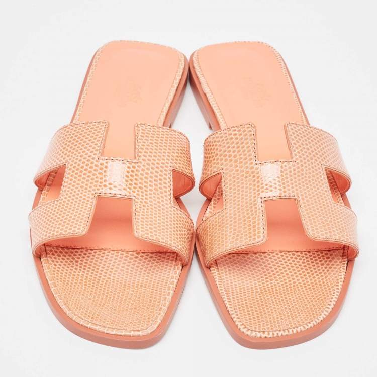 Pre Owned Hermès Peach Pink Lizard Oran Flat Slides Size 38
