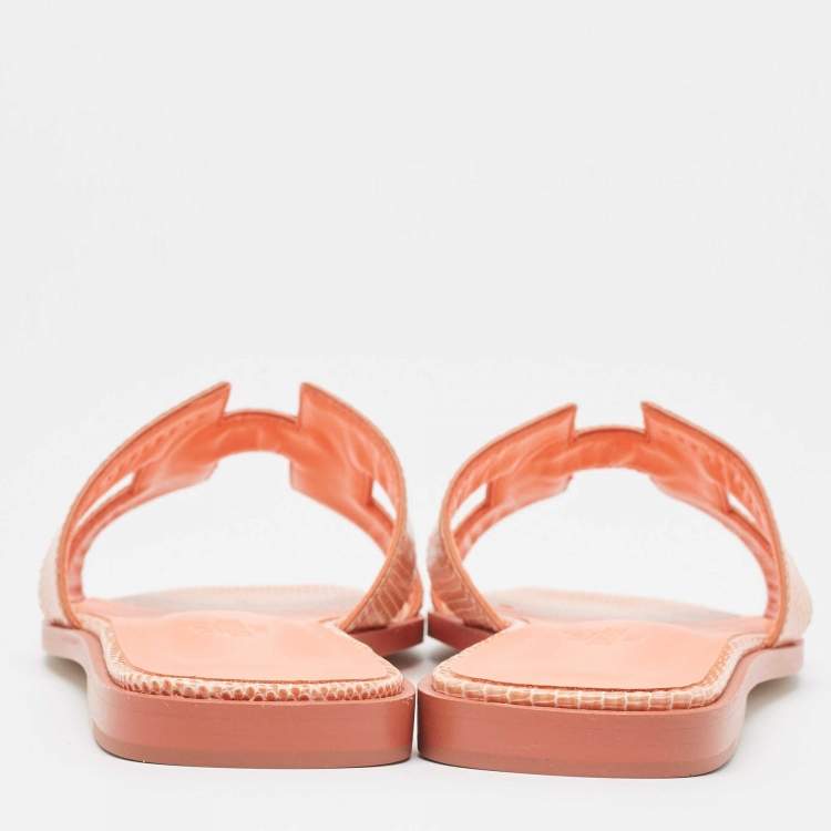 Pre Owned Hermès Peach Pink Lizard Oran Flat Slides Size 38