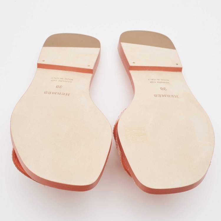Pre Owned Hermès Peach Pink Lizard Oran Flat Slides Size 38