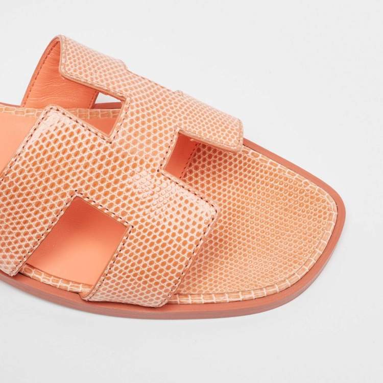 Pre Owned Hermès Peach Pink Lizard Oran Flat Slides Size 38