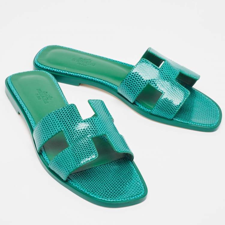 Pre Owned Hermès Green Lizard Oran Flat Slides Size 38
