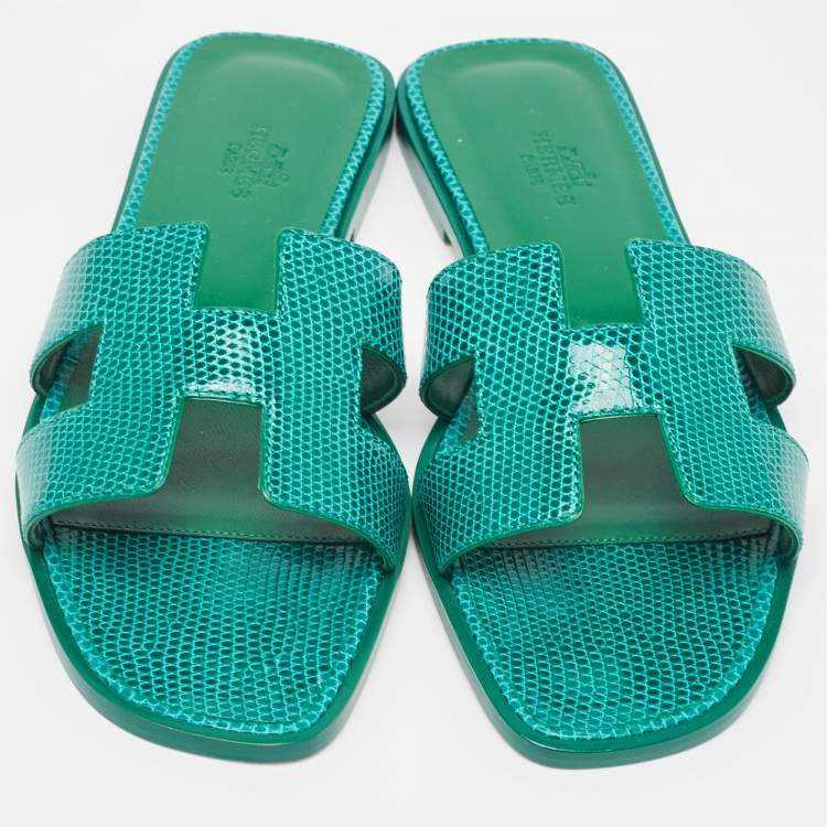 Pre Owned Hermès Green Lizard Oran Flat Slides Size 38