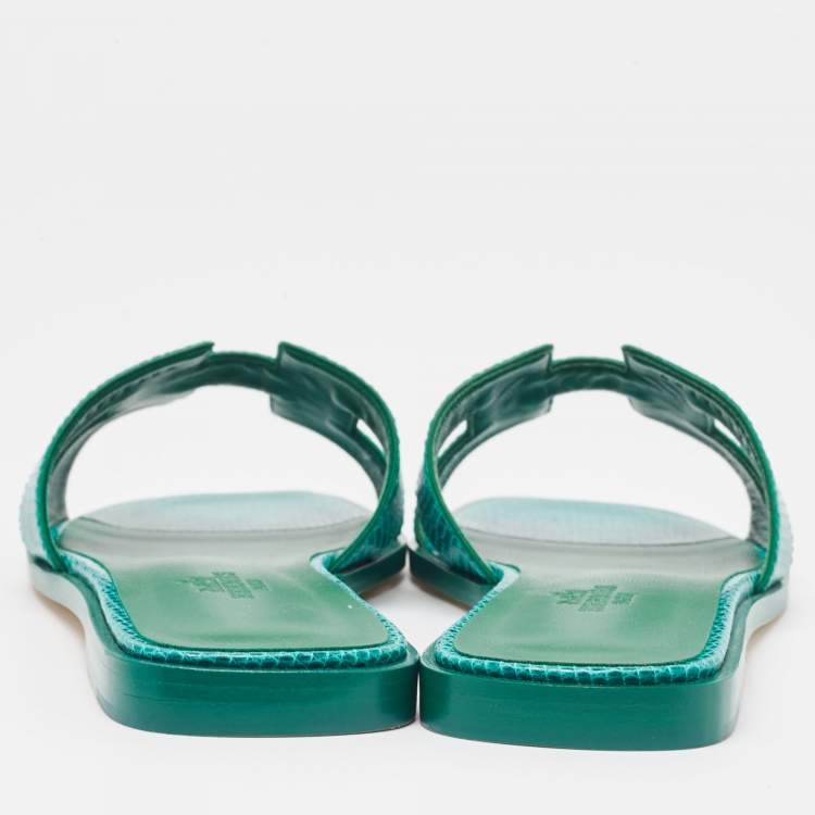 Pre Owned Hermès Green Lizard Oran Flat Slides Size 38