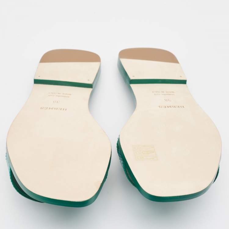 Pre Owned Hermès Green Lizard Oran Flat Slides Size 38