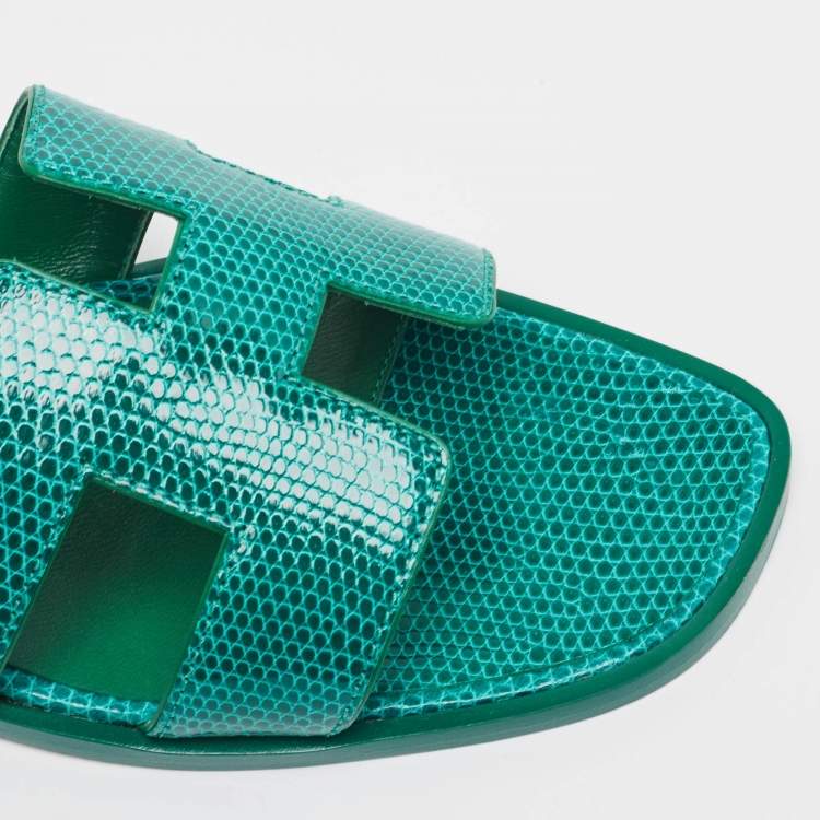 Pre Owned Hermès Green Lizard Oran Flat Slides Size 38