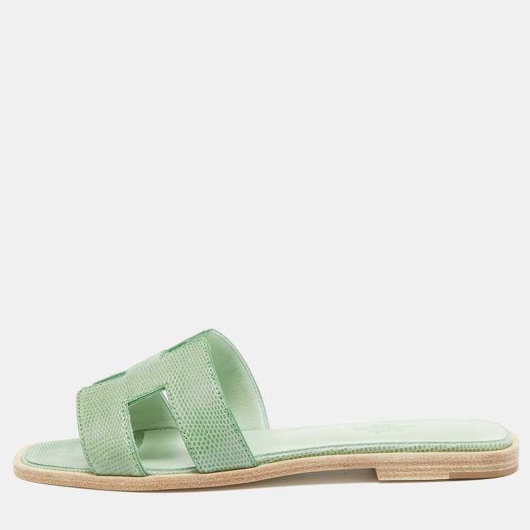 Pre Owned Hermès Green Lizard Oran Flat Slides Size 38