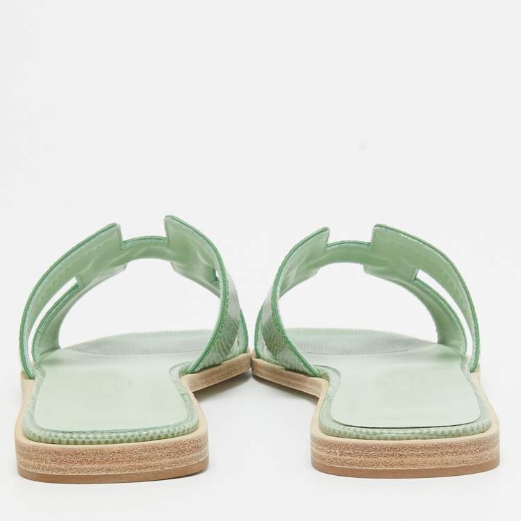 Pre Owned Hermès Green Lizard Oran Flat Slides Size 38