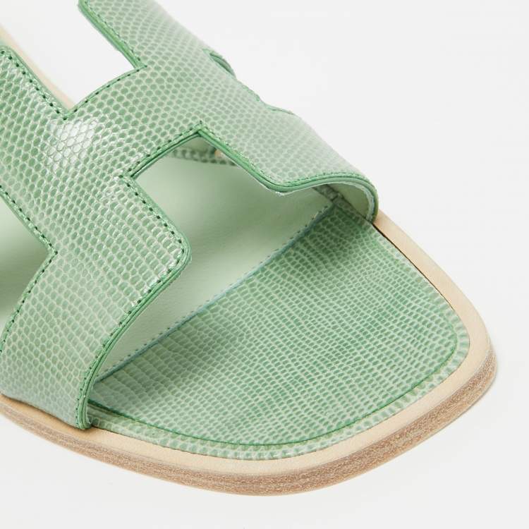 Pre Owned Hermès Green Lizard Oran Flat Slides Size 38