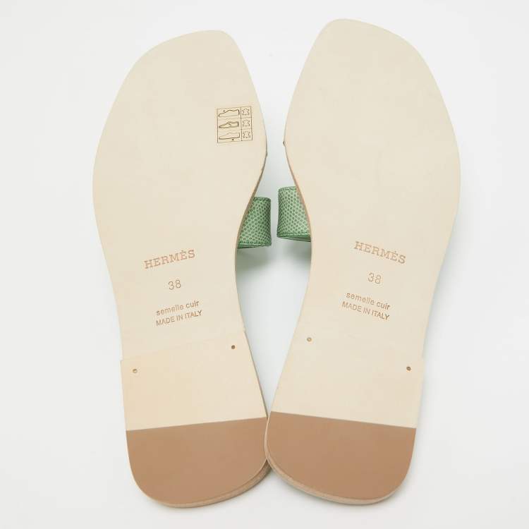 Pre Owned Hermès Green Lizard Oran Flat Slides Size 38