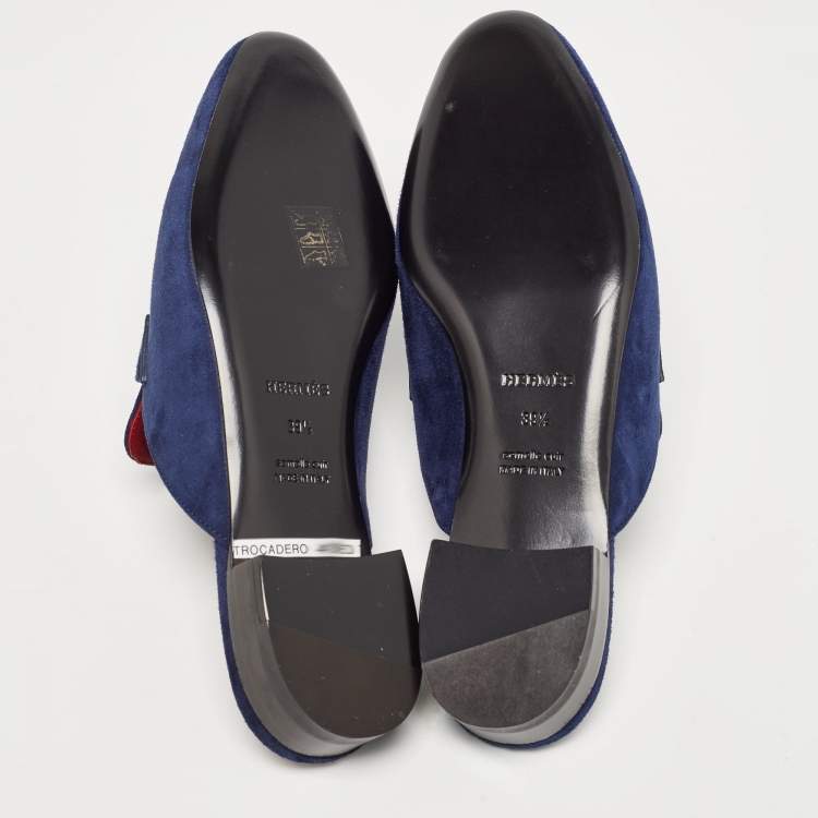 Pre Owned Hermes Navy Blue Suede Trocadero Mules Size 39.5