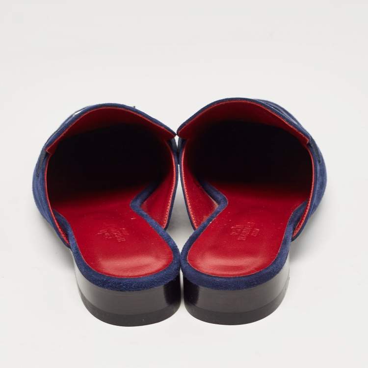 Pre Owned Hermes Navy Blue Suede Trocadero Mules Size 39.5