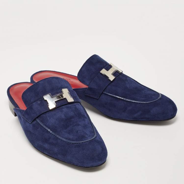 Pre Owned Hermes Navy Blue Suede Trocadero Mules Size 39.5