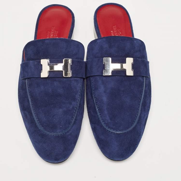 Pre Owned Hermes Navy Blue Suede Trocadero Mules Size 39.5