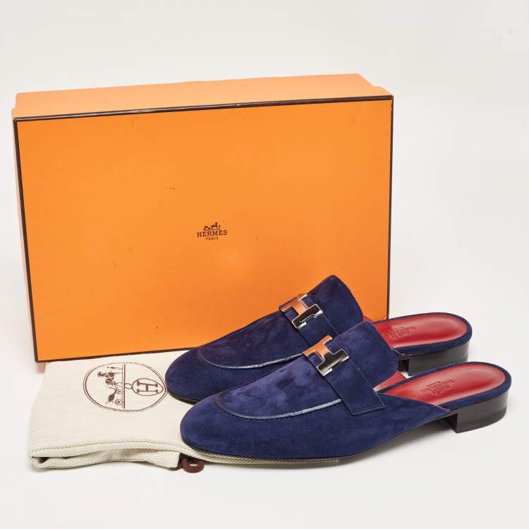 Pre Owned Hermes Navy Blue Suede Trocadero Mules Size 39.5