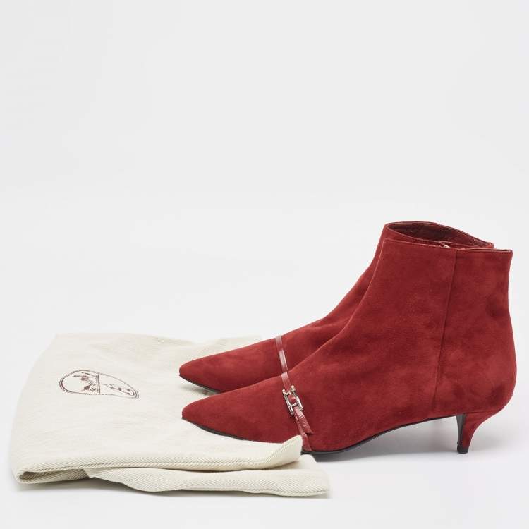 Pre Owned Hermès Dark Red Suede Ankle Booties Size 39