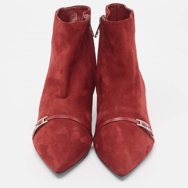Pre Owned Hermès Dark Red Suede Ankle Booties Size 39